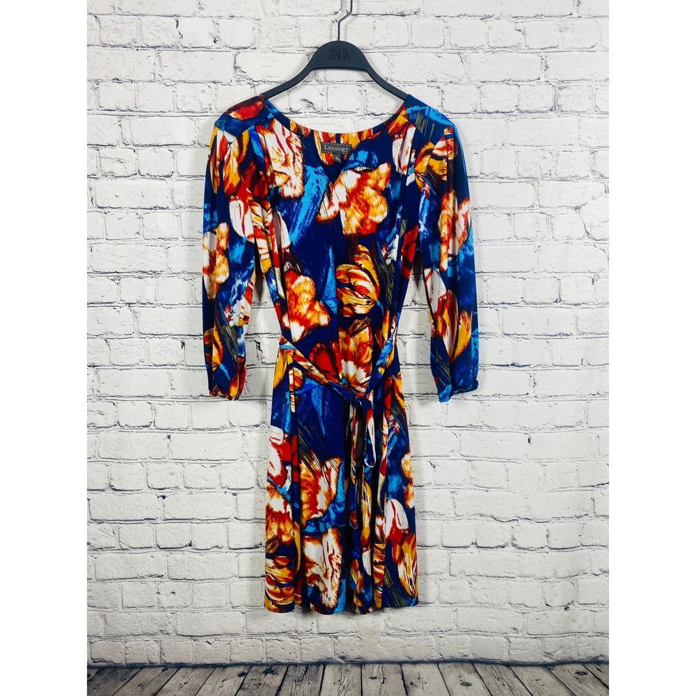 Luxology Dress Womens Floral Wrap Front Blue Orange Size S Excellent Tie Waist